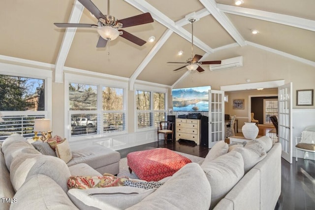 living room with french doors, dark wood-type flooring, a wall mounted AC, high vaulted ceiling, and beamed ceiling