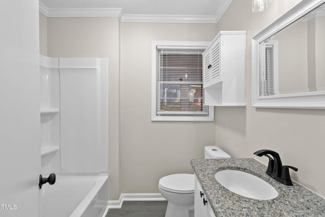 full bathroom with shower / tub combination, toilet, vanity, and ornamental molding