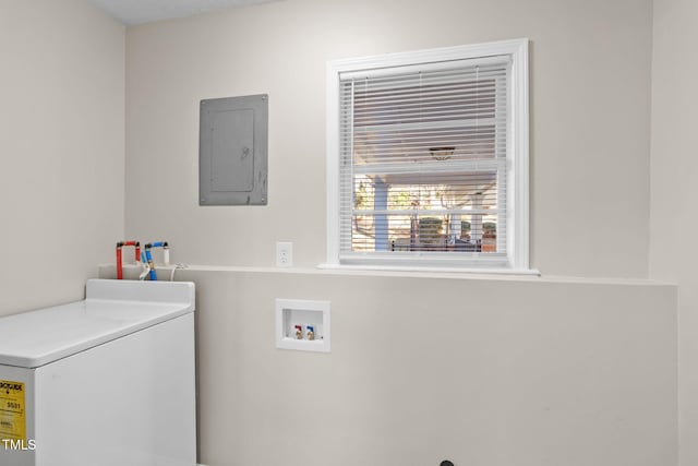 laundry area with electric panel and hookup for a washing machine