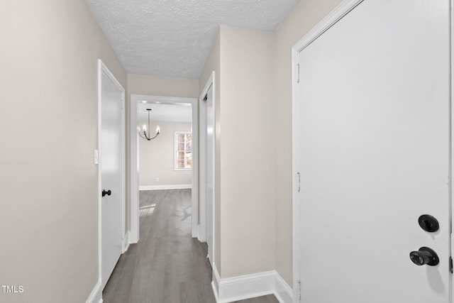 corridor with wood-type flooring and a textured ceiling