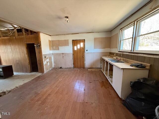 miscellaneous room with sink, light hardwood / wood-style flooring, and wood walls