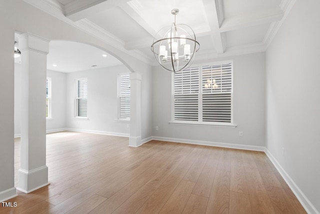 unfurnished room with light wood-type flooring, arched walkways, beamed ceiling, a notable chandelier, and recessed lighting