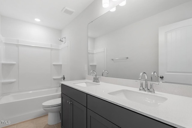 full bath with visible vents, tile patterned floors, toilet, and a sink
