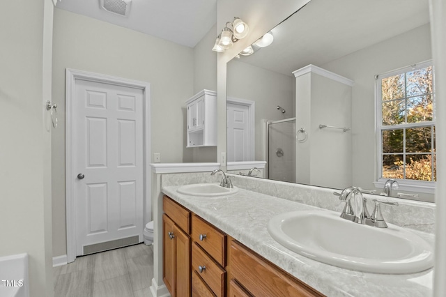 bathroom featuring an enclosed shower, vanity, and toilet