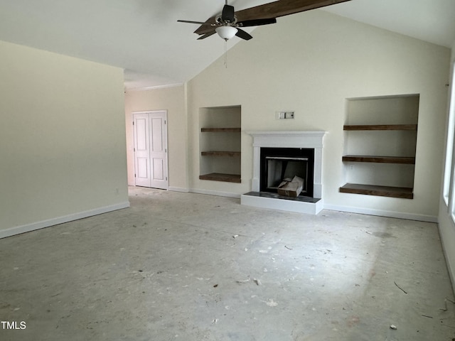 unfurnished living room with lofted ceiling and ceiling fan