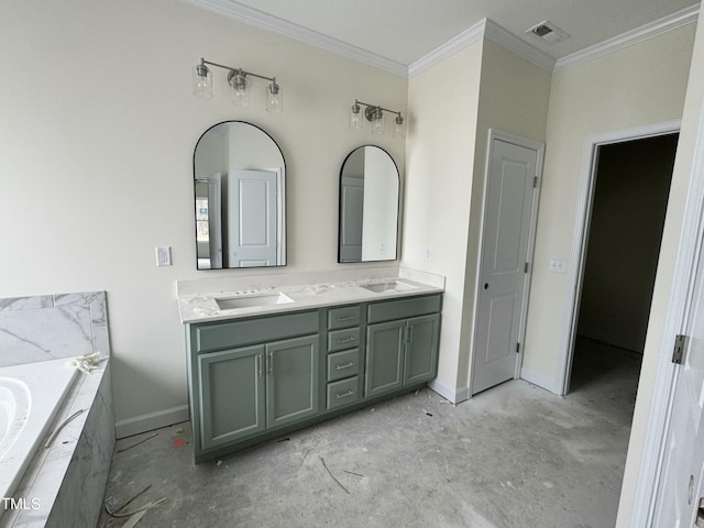 bathroom featuring a relaxing tiled tub, ornamental molding, and vanity