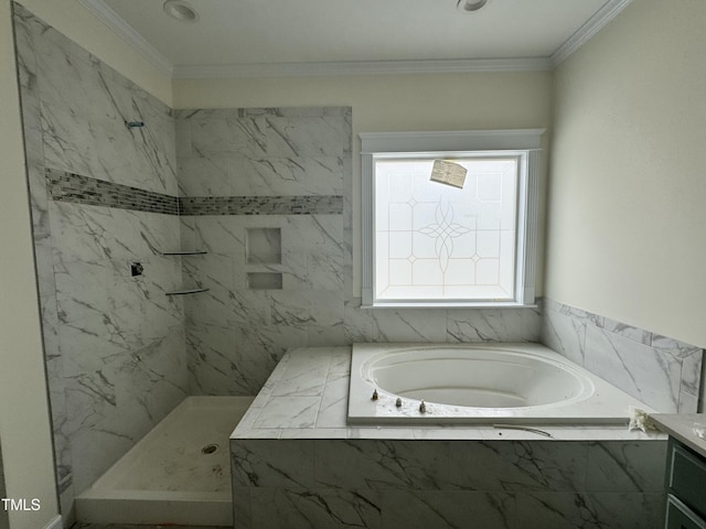 bathroom with crown molding, shower with separate bathtub, and vanity