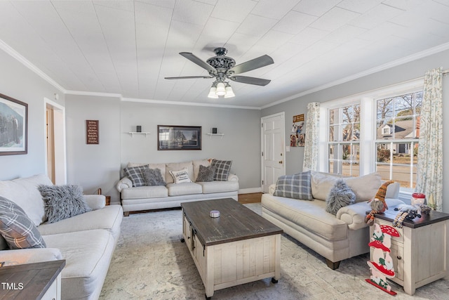 living room with light hardwood / wood-style floors, ceiling fan, and ornamental molding