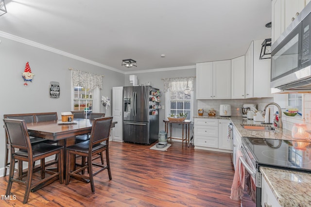 dining space with sink, plenty of natural light, dark hardwood / wood-style floors, and ornamental molding