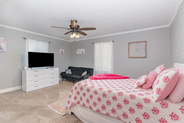 bedroom with crown molding, carpet, multiple windows, and ceiling fan