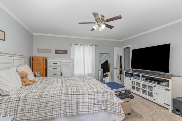 bedroom with ceiling fan, ornamental molding, and light carpet