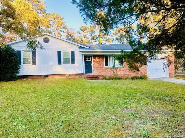 ranch-style house with a front yard and a garage