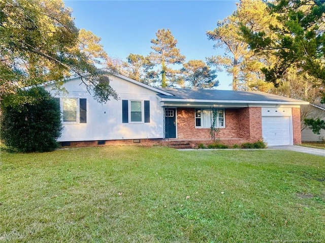 ranch-style house featuring driveway, crawl space, an attached garage, a front yard, and brick siding