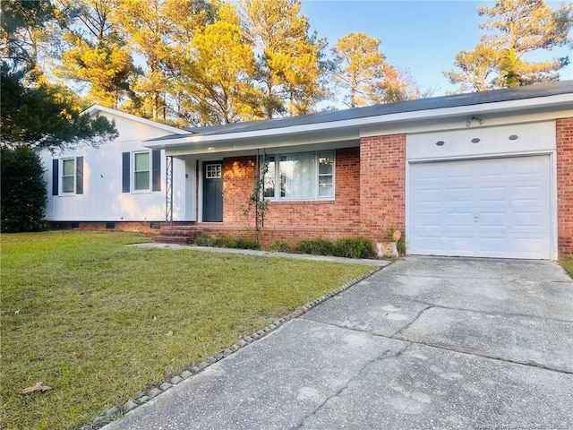 single story home featuring concrete driveway, brick siding, an attached garage, and a front lawn