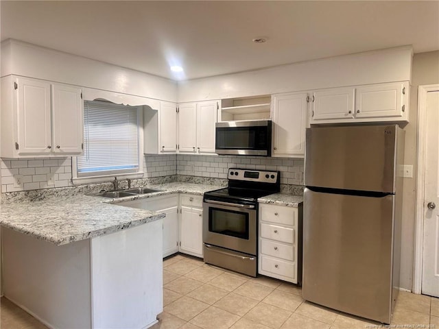 kitchen featuring a peninsula, white cabinetry, appliances with stainless steel finishes, and a sink