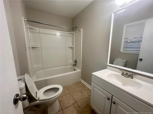 full bathroom featuring shower / bath combination, vanity, toilet, and tile patterned floors