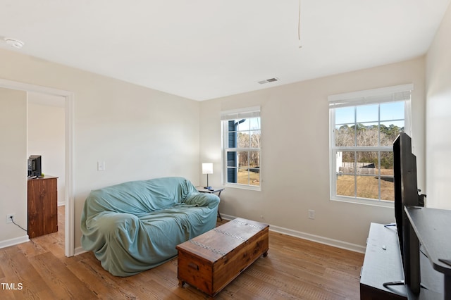 living room with a healthy amount of sunlight and light hardwood / wood-style floors