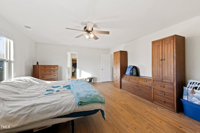 bedroom with ceiling fan, a walk in closet, a closet, and light hardwood / wood-style flooring