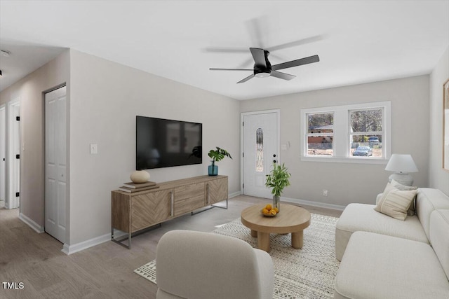 living room with ceiling fan and light hardwood / wood-style flooring