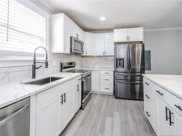 kitchen with white cabinets, sink, and stainless steel appliances