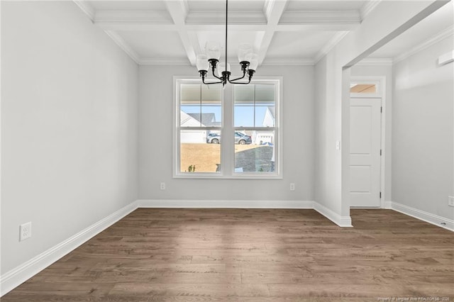 unfurnished dining area with dark hardwood / wood-style flooring, ornamental molding, a notable chandelier, beam ceiling, and coffered ceiling