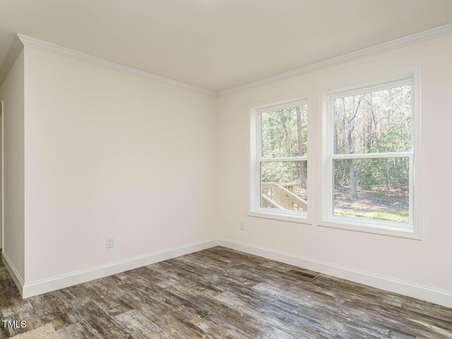 spare room featuring ornamental molding and dark hardwood / wood-style floors