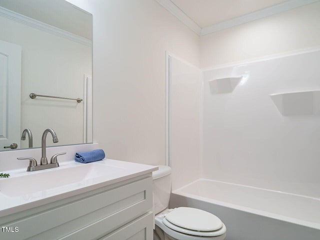 full bathroom with vanity, shower / tub combination, ornamental molding, and toilet