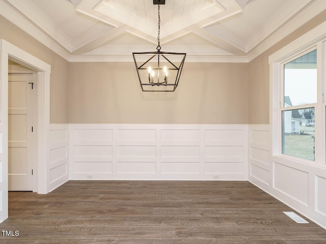 interior space featuring dark wood-style flooring, coffered ceiling, and a chandelier