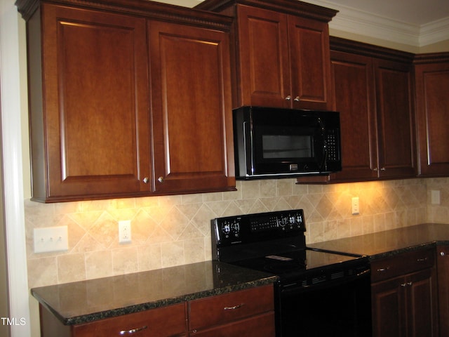 kitchen with ornamental molding, dark stone countertops, backsplash, and black appliances