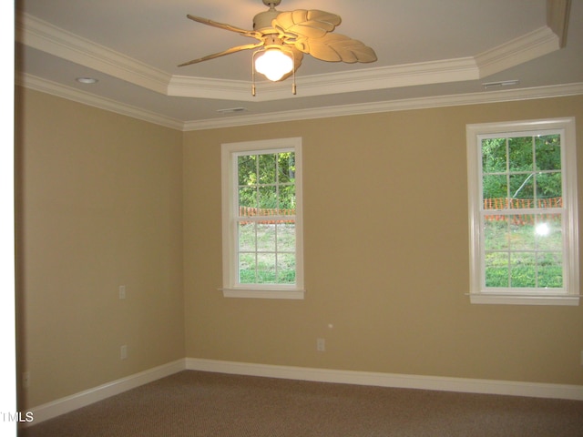 unfurnished room featuring a raised ceiling, ornamental molding, carpet, and ceiling fan