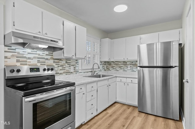 kitchen featuring sink, backsplash, white cabinetry, and appliances with stainless steel finishes