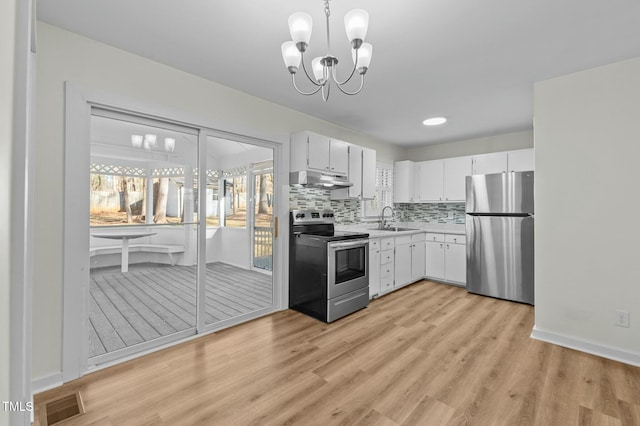 kitchen featuring a sink, under cabinet range hood, appliances with stainless steel finishes, light countertops, and decorative backsplash