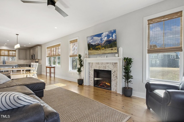 living room featuring a tiled fireplace, light hardwood / wood-style floors, and ceiling fan