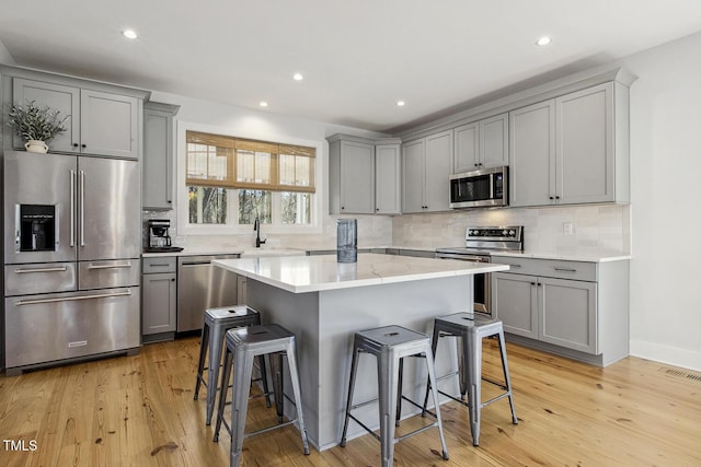 kitchen with appliances with stainless steel finishes, gray cabinetry, a center island, a kitchen bar, and decorative backsplash