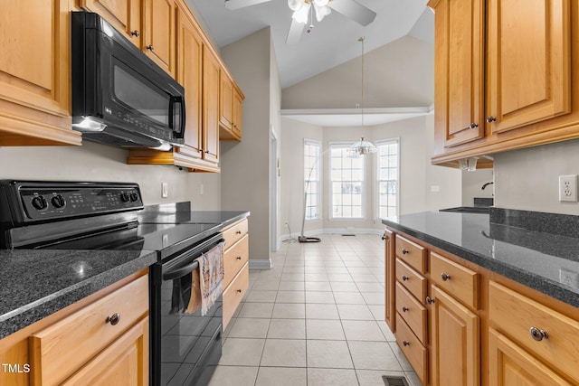 kitchen with lofted ceiling, hanging light fixtures, light tile patterned floors, ceiling fan with notable chandelier, and black appliances