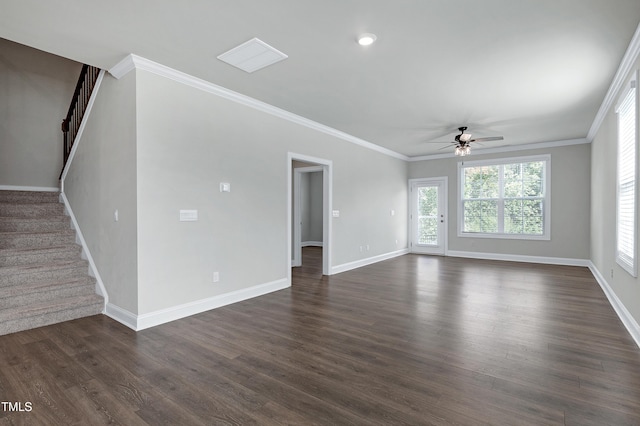 unfurnished living room featuring ceiling fan, crown molding, and dark hardwood / wood-style flooring