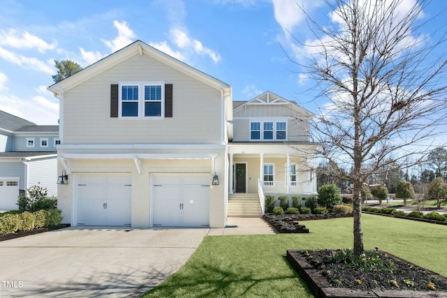 view of front of property with a front lawn, a porch, and a garage