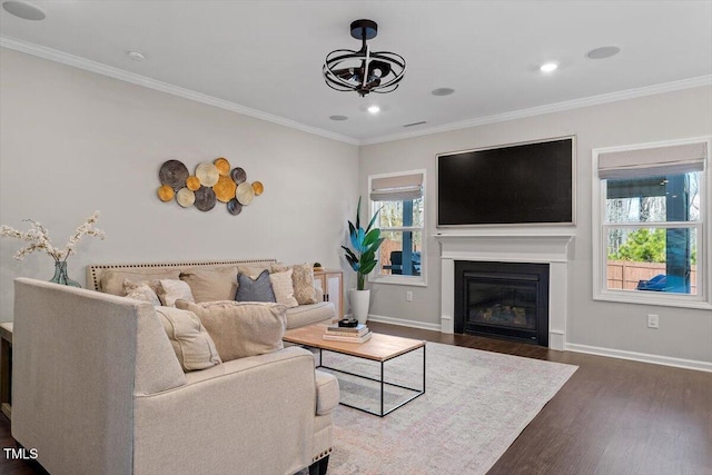 living room featuring crown molding and dark hardwood / wood-style flooring