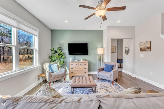 living room with a healthy amount of sunlight, hardwood / wood-style flooring, and ceiling fan