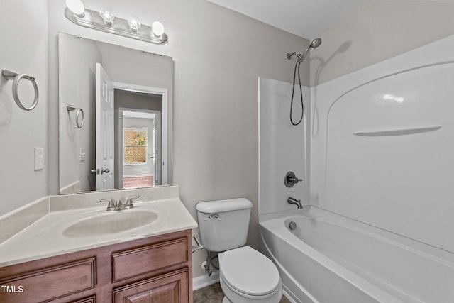 bathroom with shower / bathtub combination, vanity, and toilet