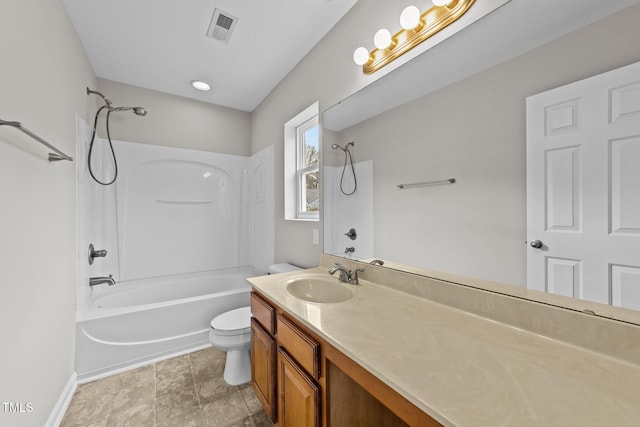 bathroom featuring shower / washtub combination, visible vents, toilet, vanity, and baseboards