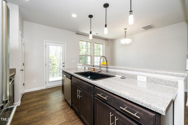 205 Spring Flower Ln, Durham, NC 27703 - kitchen with dark wood-style floors, dark brown cabinets, visible vents, dishwasher, and a sink