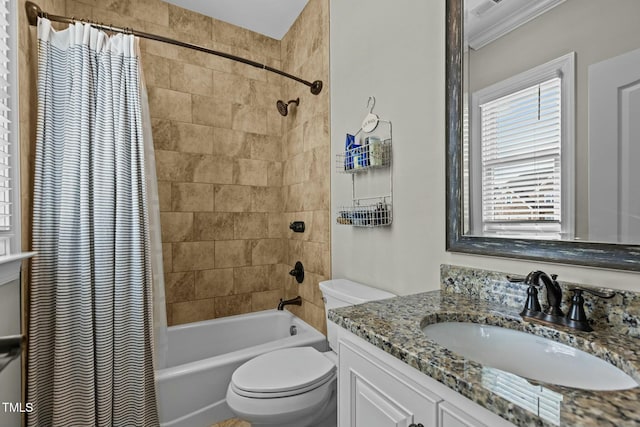 full bathroom with shower / bath combination with curtain, ornamental molding, vanity, and toilet