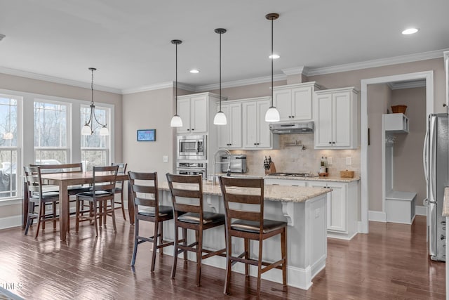 kitchen featuring under cabinet range hood, stainless steel appliances, a sink, decorative backsplash, and dark wood-style floors