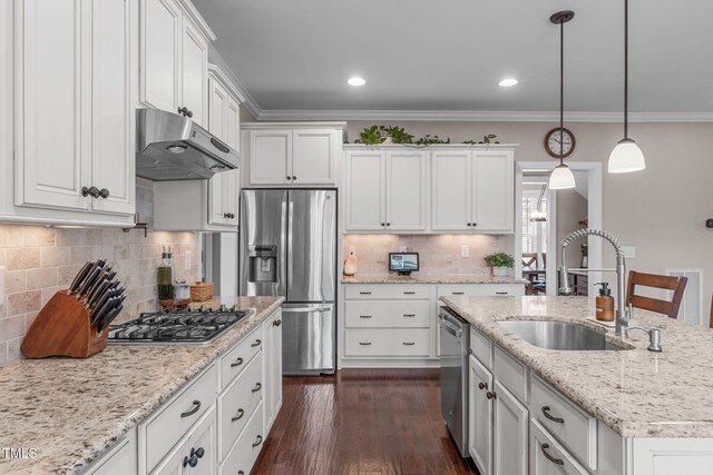 kitchen with under cabinet range hood, a sink, white cabinets, appliances with stainless steel finishes, and crown molding