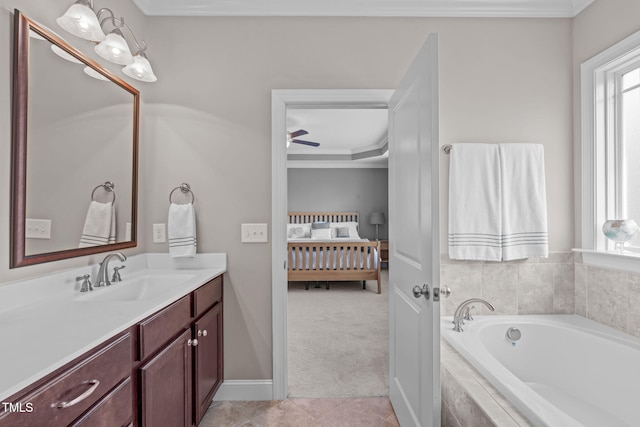 ensuite bathroom featuring crown molding, vanity, ensuite bath, tile patterned flooring, and a bath