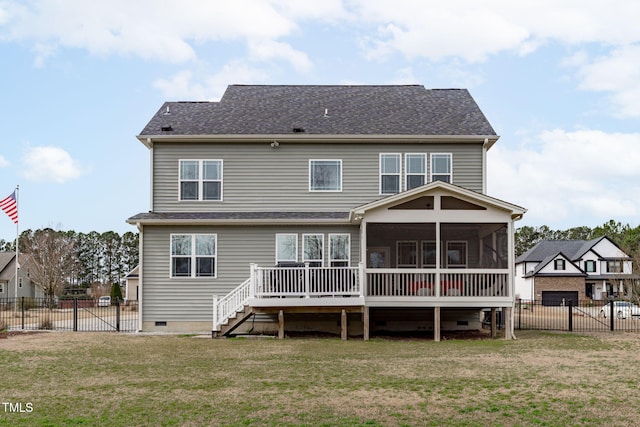 back of house featuring a fenced backyard, a shingled roof, a sunroom, crawl space, and a lawn