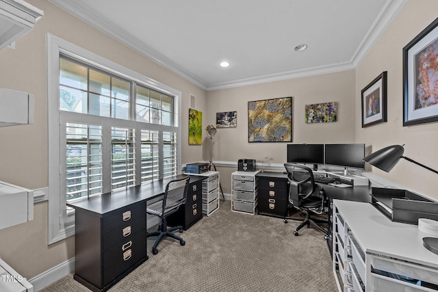 carpeted office space with recessed lighting, baseboards, and ornamental molding