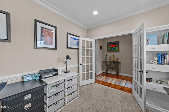 office area with ornamental molding, wood finished floors, recessed lighting, french doors, and baseboards