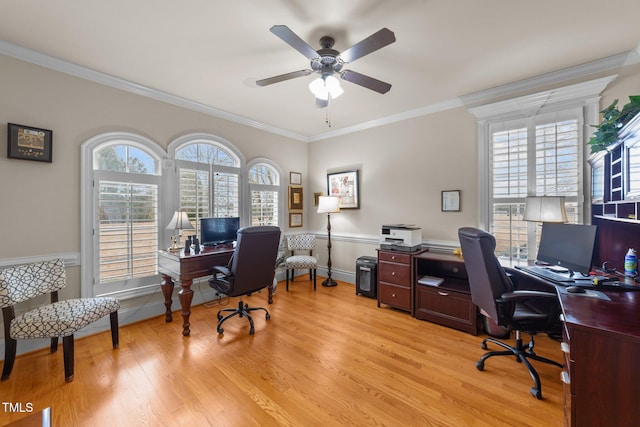 office area featuring ceiling fan, light hardwood / wood-style flooring, and ornamental molding